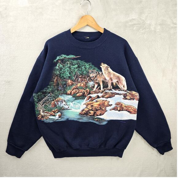 Vintage Habitat Wolves Sweatshirt Mens Large 90s Nature AOP Animal Wrap Around - Picture 1 of 8
